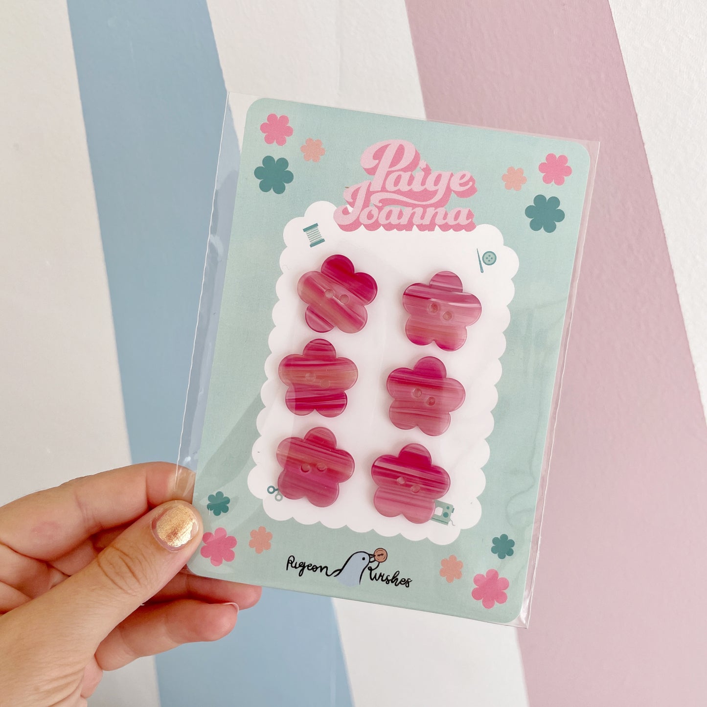 X6 Original Paige Joanna X Pigeon Wishes Blossom Flower Shape 25mm Buttons | pink stripe & ombré effect